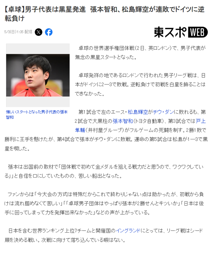 日本男团首战告负 邱党双杀张本智和松岛辉空